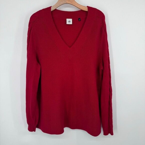 Cabi standout Red V-Neck Sweater size large ribbed Cable Knit Sleeves womens - Picture 3 of 12